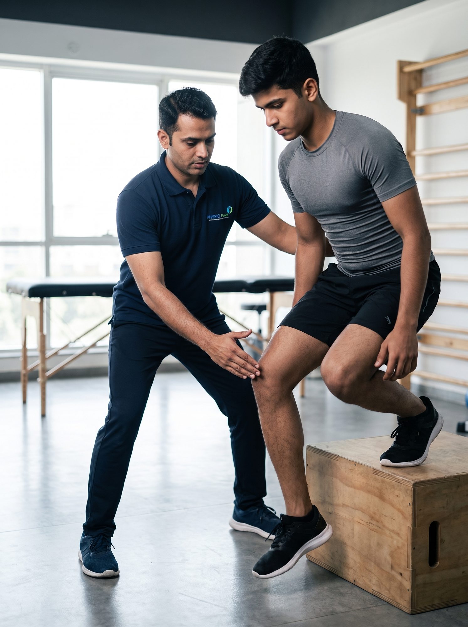 Physiotherapist guiding an athlete through a single-leg step-down during sports rehabilitation