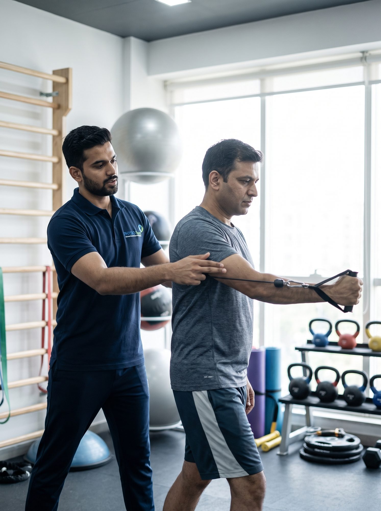Physiotherapist coaching a patient through cable resistance training in the Physio Planet medical gymnasium