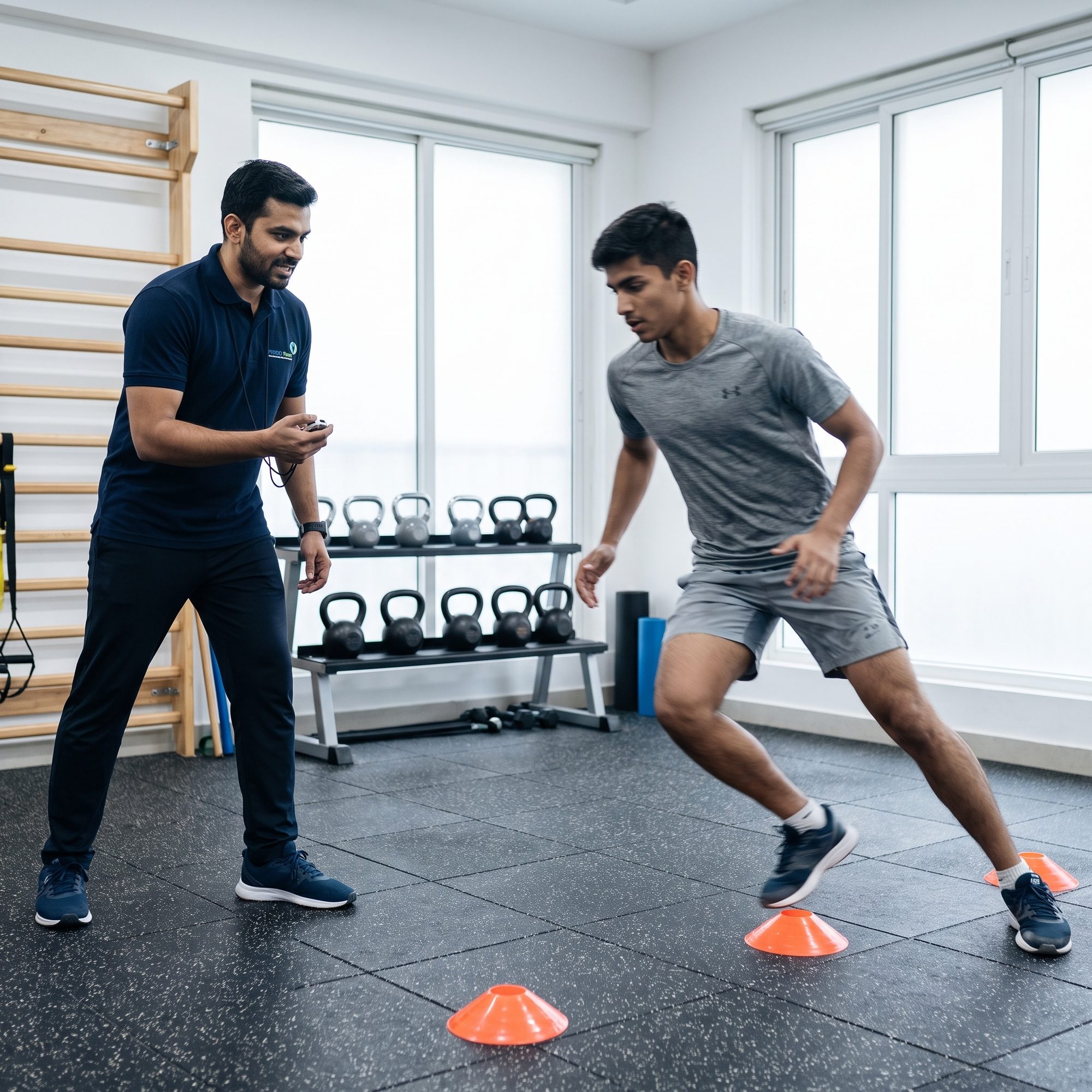 Athlete performing a timed agility drill under physiotherapist supervision