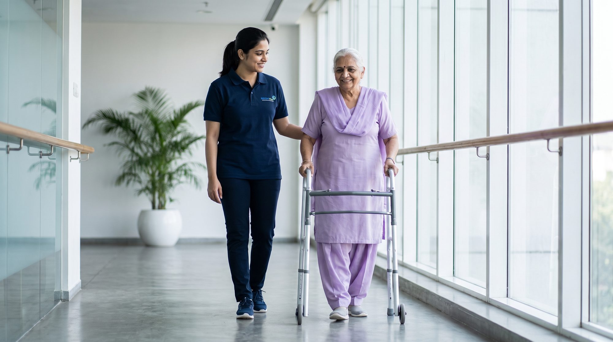 Physiotherapist supporting an elderly patient during gait training with a walking frame