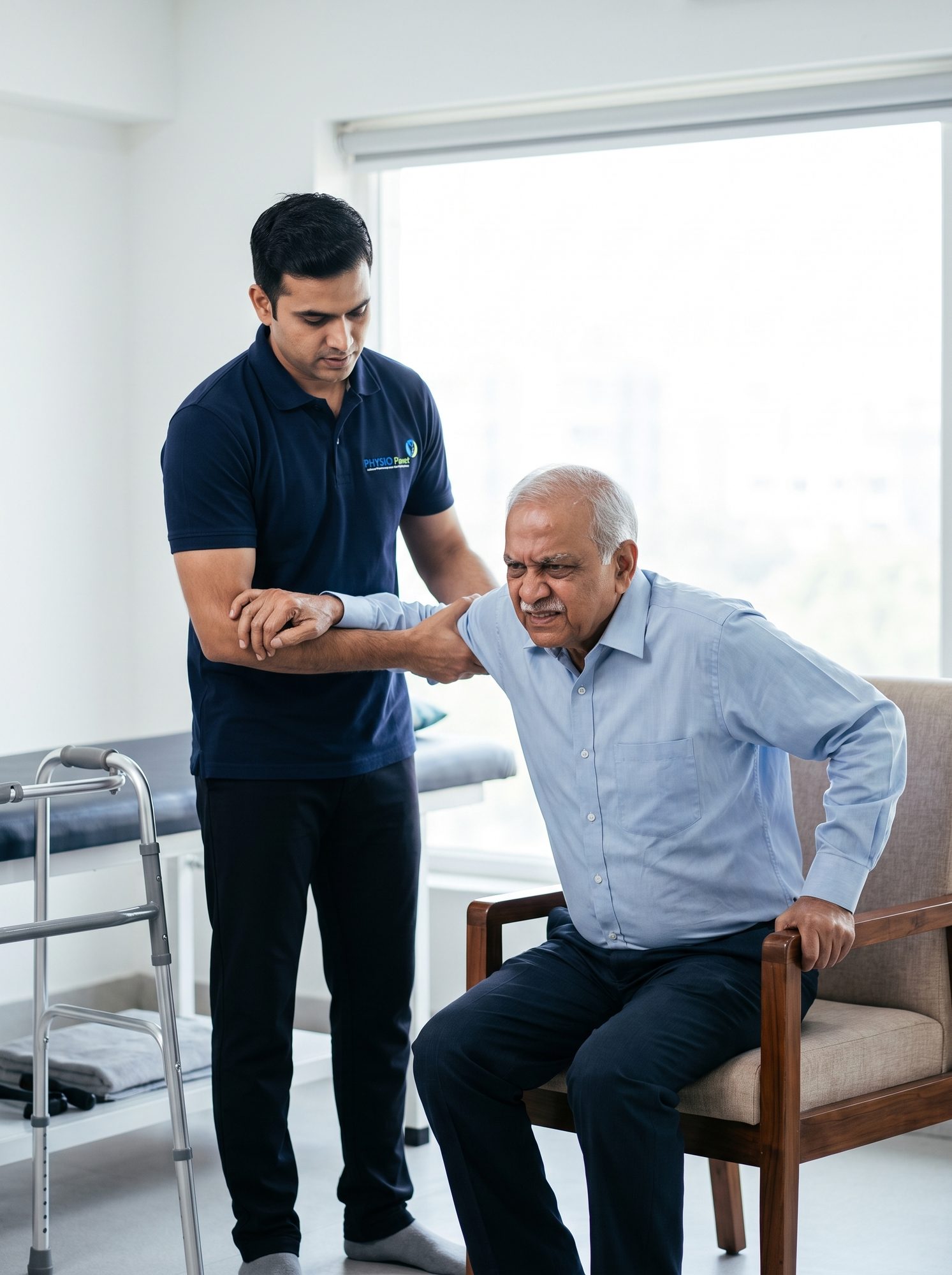 Physiotherapist assisting an elderly patient with a sit-to-stand mobility exercise
