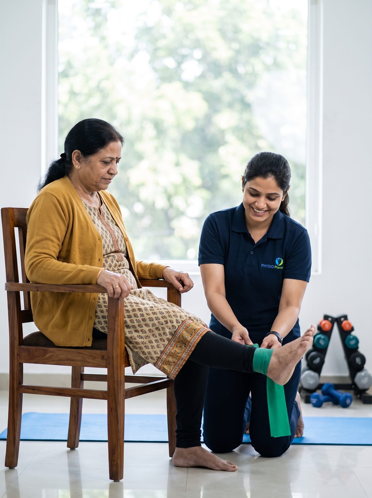 Elderly patient performing a seated resistance-band exercise with physiotherapist guidance