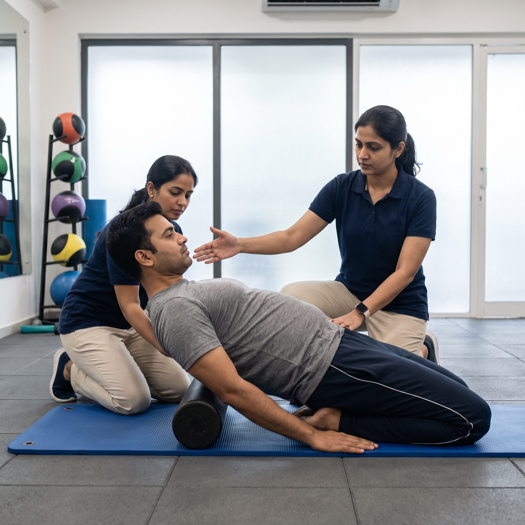 Thoracic extension exercise over a foam roller guided by a physiotherapist