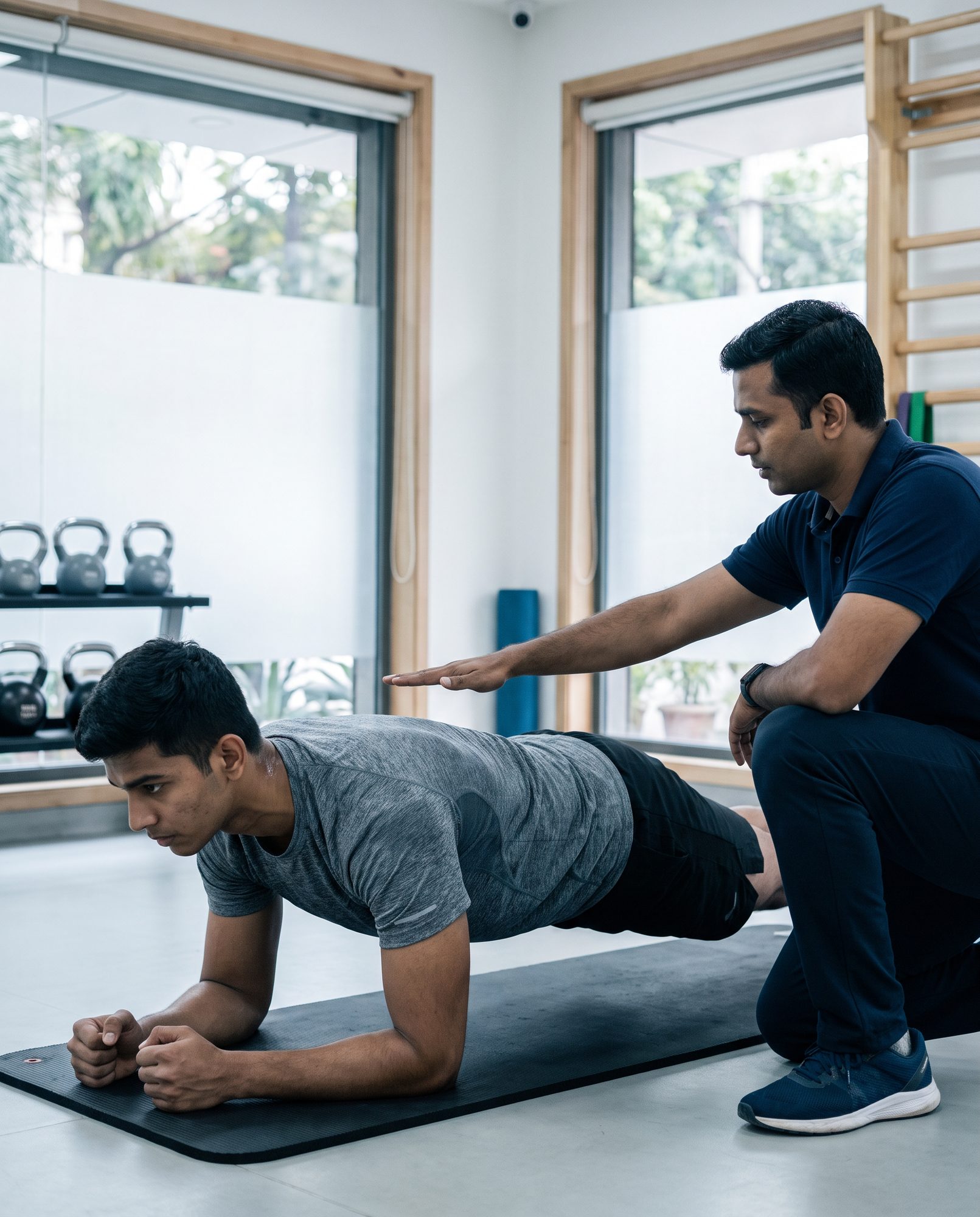 Athlete holding a plank while a physiotherapist checks alignment in the medical gymnasium