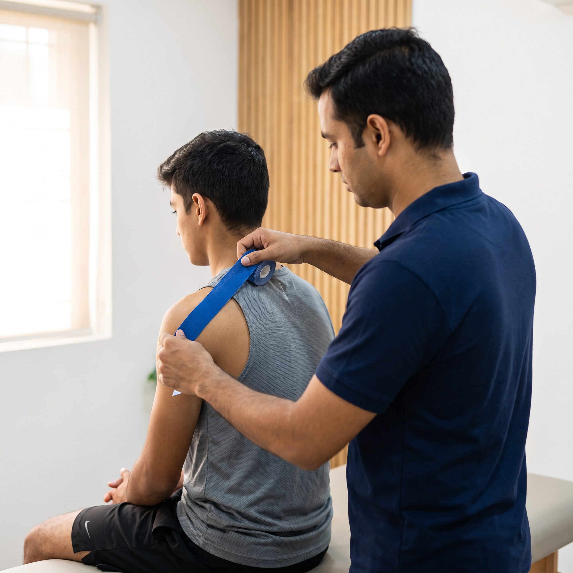 Kinesiology tape being applied to an athlete's shoulder