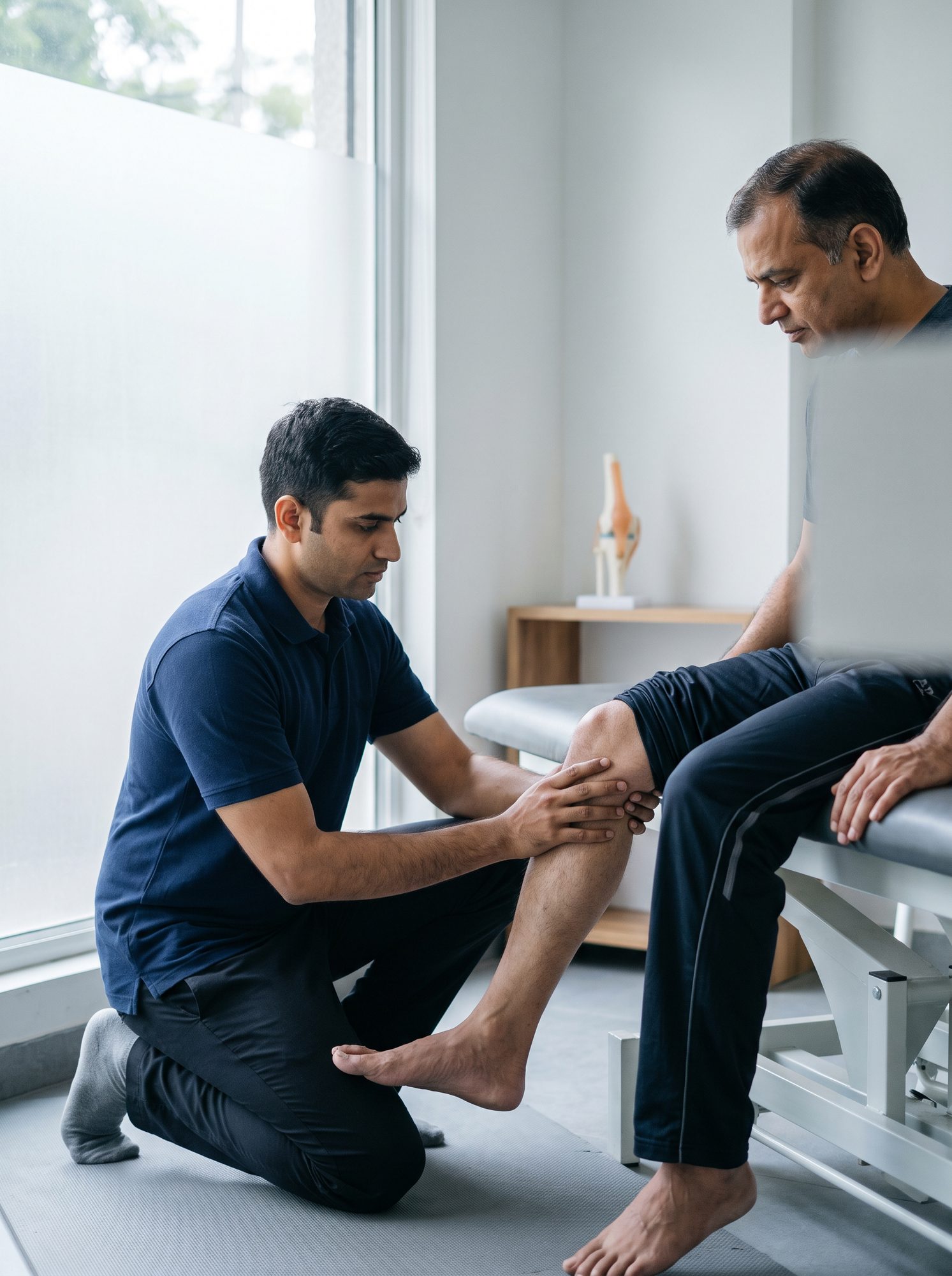 Physiotherapist assessing a patient's knee stability