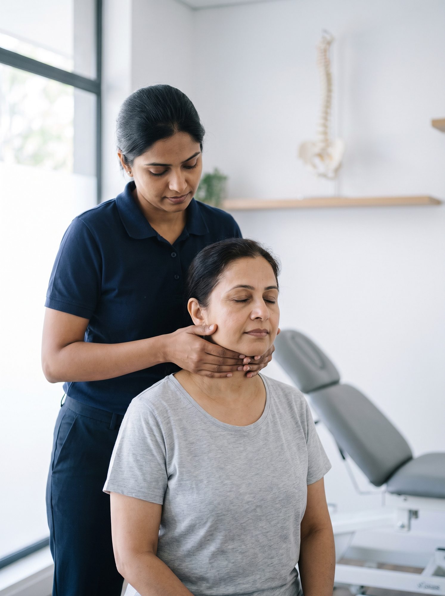 Physiotherapist performing gentle cervical mobilisation on a seated patient at Physio Planet
