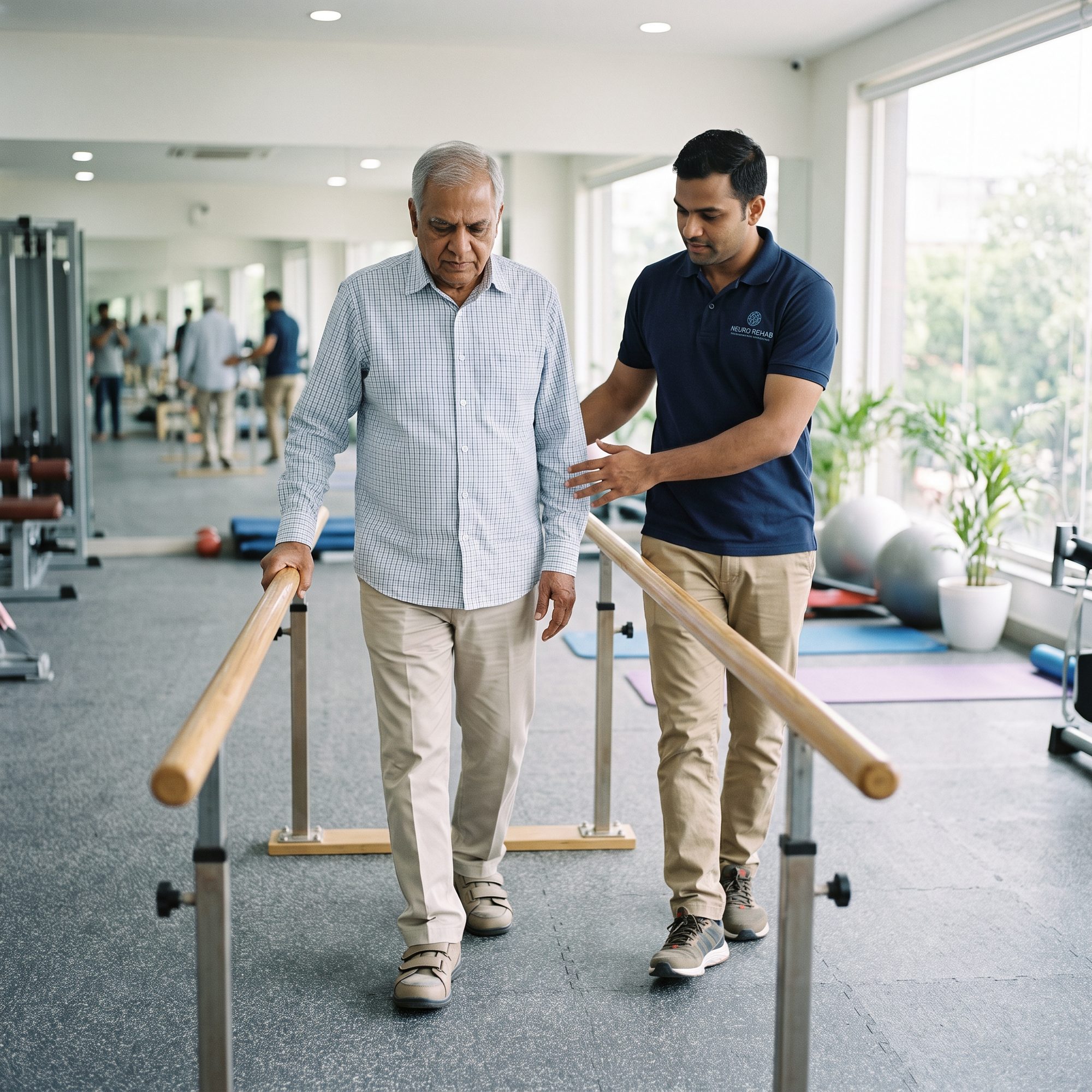 Elderly patient walking between parallel bars with physiotherapist support during neuro rehabilitation