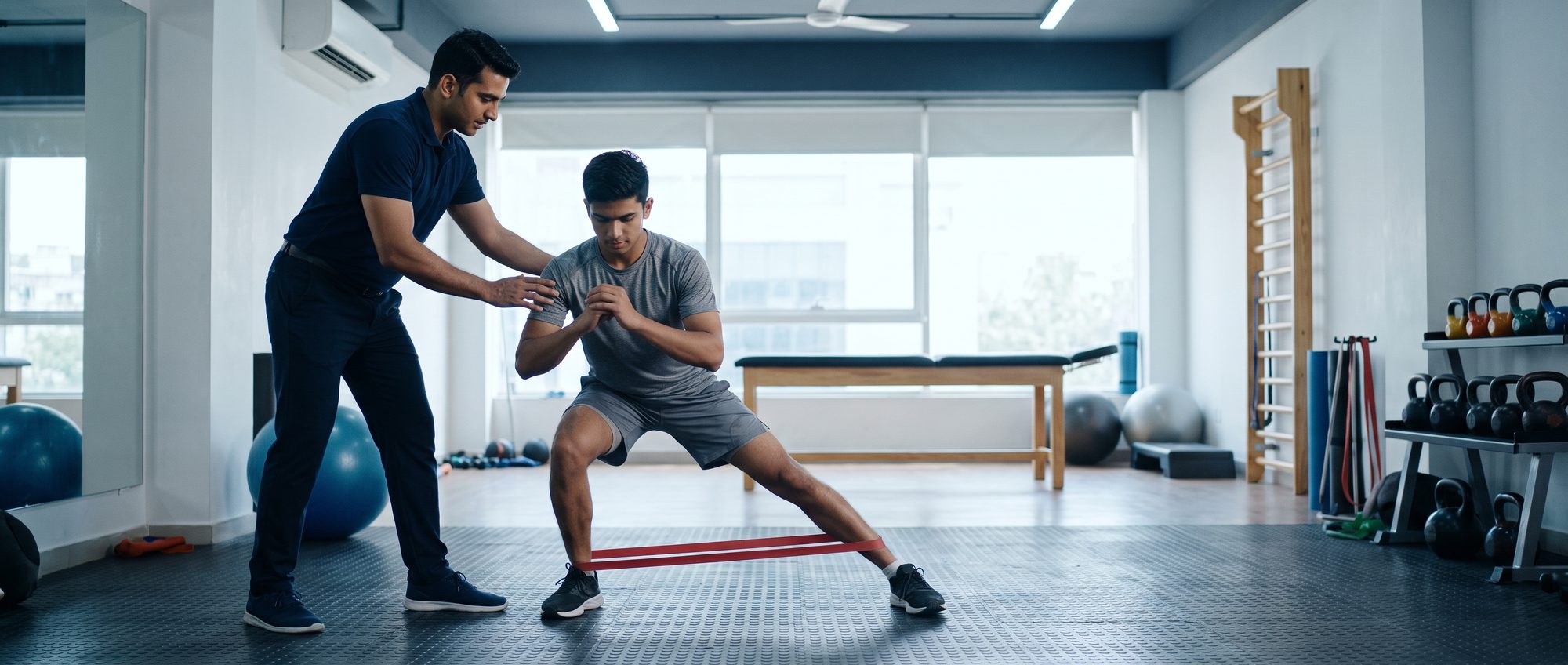 Physiotherapist guiding an athlete through resistance-band training in the rehabilitation gym