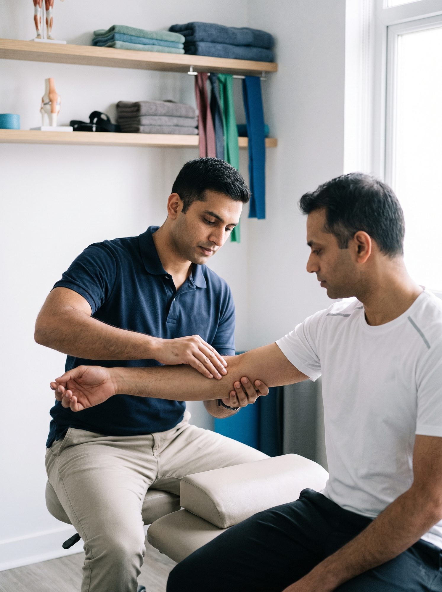 Physiotherapist palpating the outer elbow to treat tennis elbow