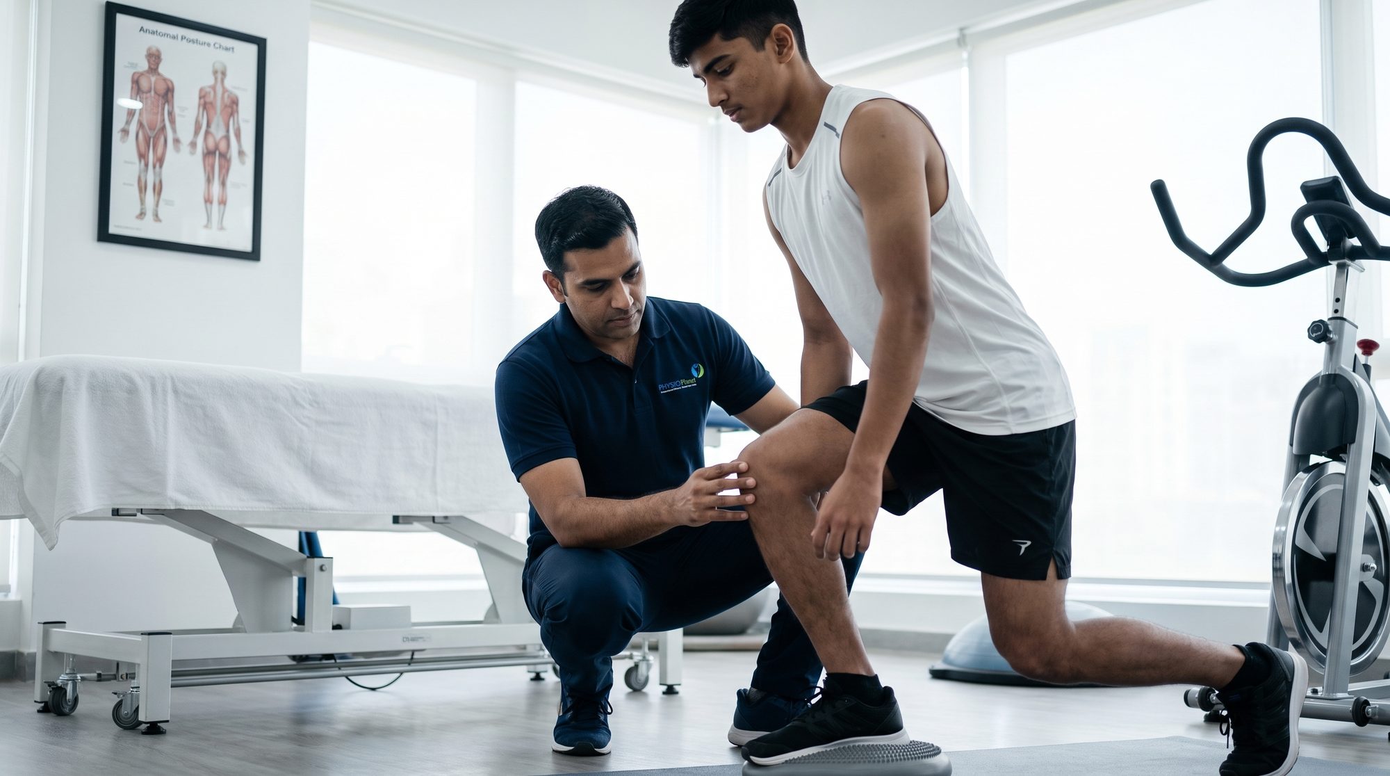 Physiotherapist assessing an athlete's single-leg squat during a functional movement screen